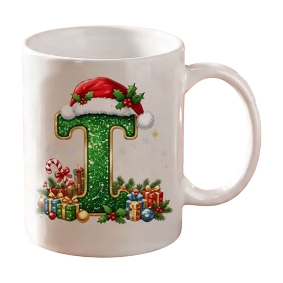 Christmas Alphabet Mug with Santa Hat - Ceramic Personalized A to Z Coffee Cup for Hot Cocoa Tea or Coffee, Festive Decor and Holiday Gift T