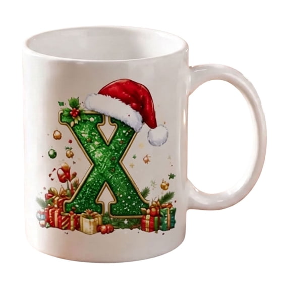 Christmas Alphabet Mug with Santa Hat - Ceramic Personalized A to Z Coffee Cup for Hot Cocoa Tea or Coffee, Festive Decor and Holiday Gift X