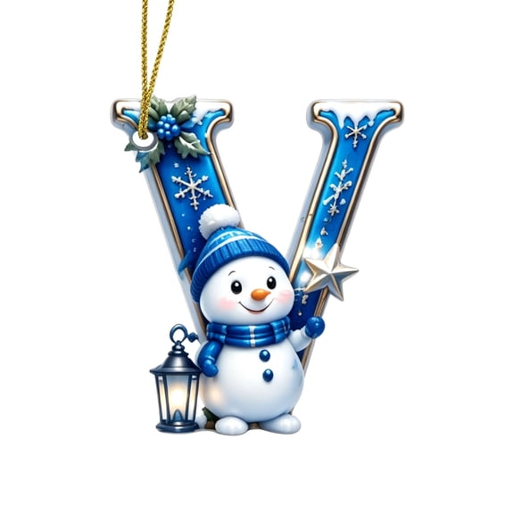 Christmas Alphabet Ornament with Blue Snowman & Holly, Letter Hanging Pendant Personalized Custom Name Letter Decor for Christmas Tree Wreath Mantel Window Holiday Party Home Decor (1PC, V)