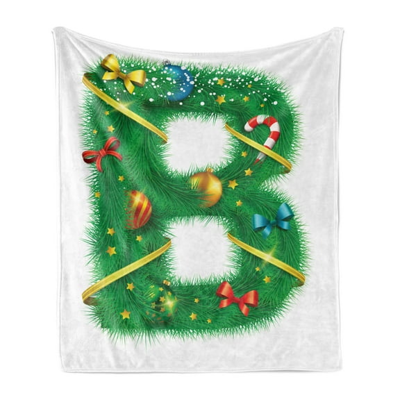Christmas Alphabet Soft Flannel Fleece Blanket, B Calligraphy Art in Holiday Theme with Ribbons Baubles Candy Cane, Cozy Plush for Indoor and Outdoor Use, 50" x 60", White and Green, by Ambesonne