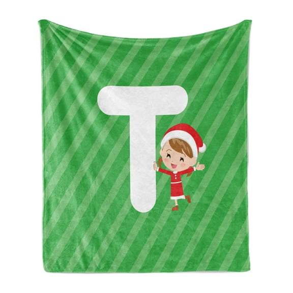 Christmas Alphabet Soft Flannel Fleece Blanket, Cheerful Young Girl next to Letter T Vacation Winter Holiday, Cozy Plush for Indoor and Outdoor Use, 50" x 70", Green Dark Coral White, by Ambesonne