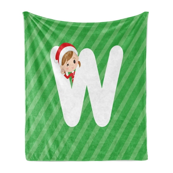 Christmas Alphabet Soft Flannel Fleece Blanket, Composition of a Young Santa and the Letter W Holiday Feels, Cozy Plush for Indoor and Outdoor Use, 50" x 60", Green Dark Coral White, by Ambesonne
