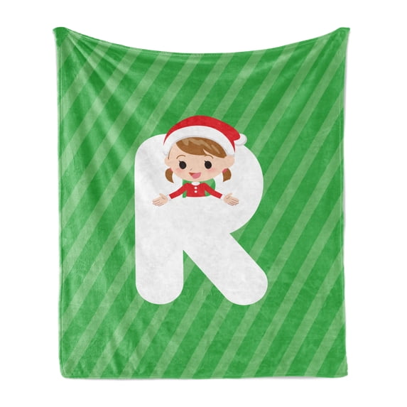Christmas Alphabet Soft Flannel Fleece Blanket, Happy Human Silhouette in a Santa Costume on a Letter R, Cozy Plush for Indoor and Outdoor Use, 70" x 90", Green Dark Coral and White, by Ambesonne