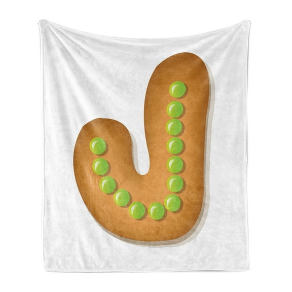 Christmas Alphabet Soft Flannel Fleece Blanket, J Letter with Simple Dotted Ornamental Design Gingerbread Cookie, Cozy Plush for Indoor and Outdoor Use, 50" x 70", Ginger Apple Green, by Ambesonne