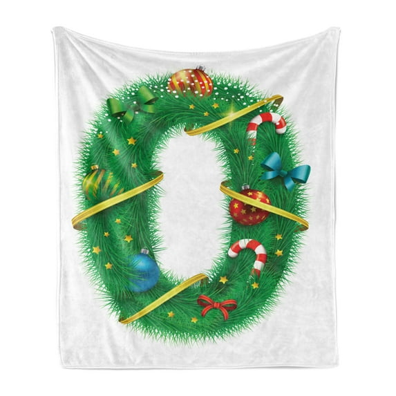Christmas Alphabet Soft Flannel Fleece Blanket, Letter O Ornamented with Ribbons Baubles Stars Leaves of Fir Tree Print, Cozy Plush for Indoor and Outdoor Use, 70" x 90", White Green, by Ambesonne