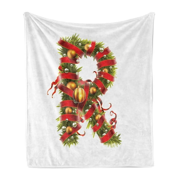 Christmas Alphabet Soft Flannel Fleece Blanket, R Letter for Winter Ornamented with Red Ribbons and Baubles, Cozy Plush for Indoor and Outdoor Use, 50" x 70", Pearl and Olive Green, by Ambesonne