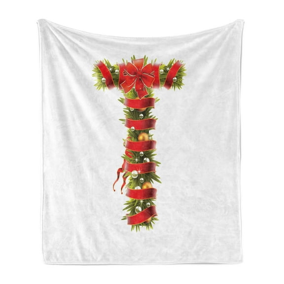 Christmas Alphabet Soft Flannel Fleece Blanket, Red Ribbons and Baubles on Tree Branches Designed as T Letter, Cozy Plush for Indoor and Outdoor Use, 50" x 60", Pearl and Olive Green, by Ambesonne