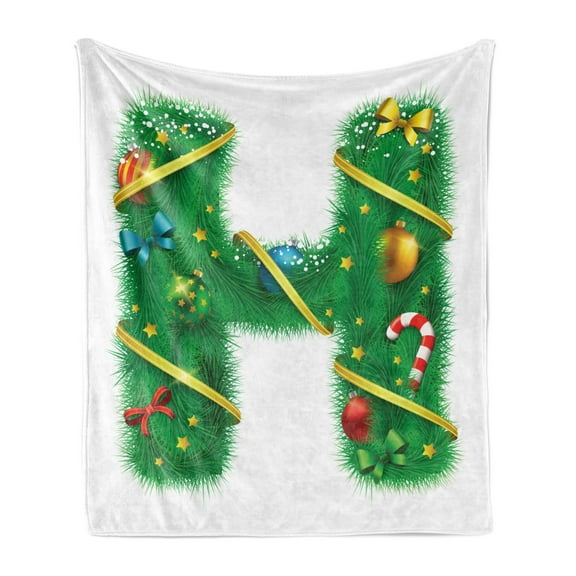 Christmas Alphabet Soft Flannel Fleece Blanket, Ribbons Baubles Stars Candy Sticks Motifs on Plain Backdrop, Cozy Plush for Indoor and Outdoor Use, 60" x 80", White Green Pale Yellow, by Ambesonne