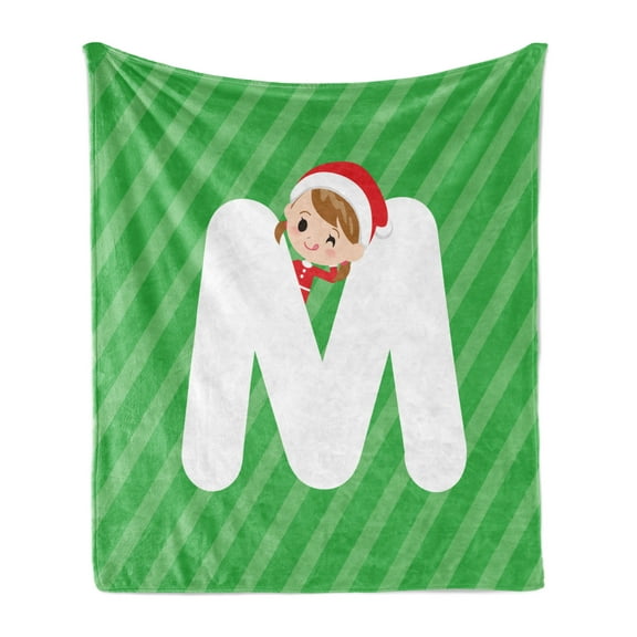 Christmas Alphabet Soft Flannel Fleece Blanket, Santa Popping from Behind a Letter M Happy Holiday Setting, Cozy Plush for Indoor and Outdoor Use, 50" x 60", Green Dark Coral White, by Ambesonne