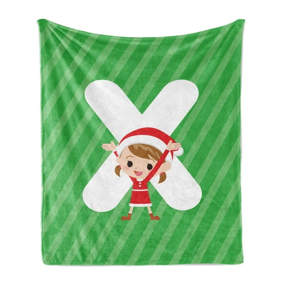 Christmas Alphabet Soft Flannel Fleece Blanket, Typographic Illustration of a Letter X and an Upbeat Child, Cozy Plush for Indoor and Outdoor Use, 50" x 70", Green Dark Coral White, by Ambesonne