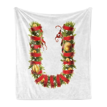 Christmas Alphabet Soft Flannel Fleece Blanket, U Letter of Tree Branches Designed with Realistic Style Art, Cozy Plush for Indoor and Outdoor Use, 60" x 80", Pearl and Olive Green, by Ambesonne