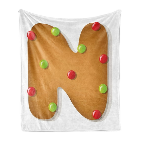 Christmas Alphabet Soft Flannel Fleece Throw Blanket, Letter N with Bicolour Polka Dot Ornaments in Xmas Colors, Cozy Plush for Indoor and Outdoor Use, 70" x 90", Ginger Green Vermilion, by Ambesonne