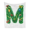 thumbnail image 1 of Christmas Alphabet Soft Flannel Fleece Throw Blanket, M Letter Ribbons Noel Occasion Print on Plain Backdrop, Cozy Plush for Indoor and Outdoor Use, 70" x 90", White Green and Mustard, by Ambesonne, 1 of 5
