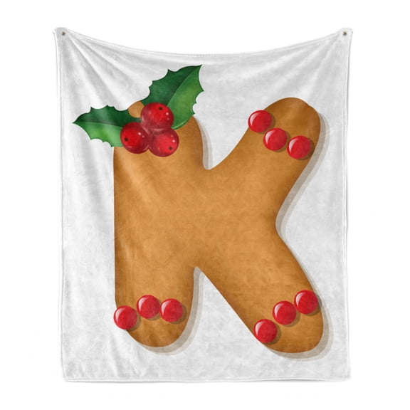 Christmas Alphabet Soft Flannel Fleece Throw Blanket, Xmas Thematic Design of Gingerbread Baked Cookie Letter K, Cozy Plush for Indoor and Outdoor Use, 50" x 70", Ginger Vermilion White, by Ambesonne