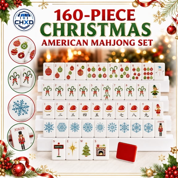 Christmas American Mahjong Set 160 Piece Acrylic Tile Game Holiday Themed Mahjong Tiles with Snowflake Candy Cane Design, Family Party Board Game Gift
