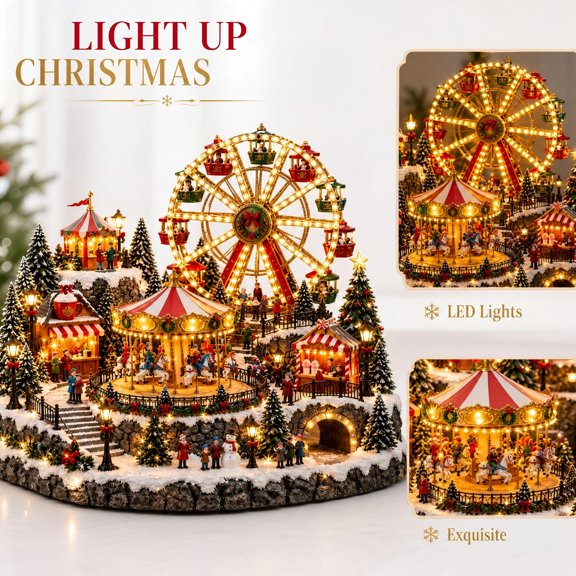 Christmas Amusement Park Tabletop Ornament, Fantasy Park Scene with Castle Spire, Carousel and Snowy Park Scene for Office Desk and Shelf