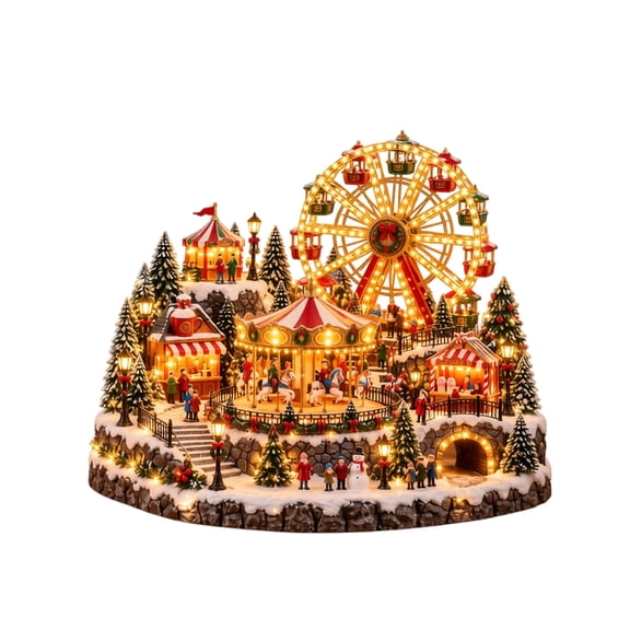 Christmas Amusement Park Water Spinner Decor with Ferris Wheel Carousel Village Scene LED Lighted Holiday Tabletop Display