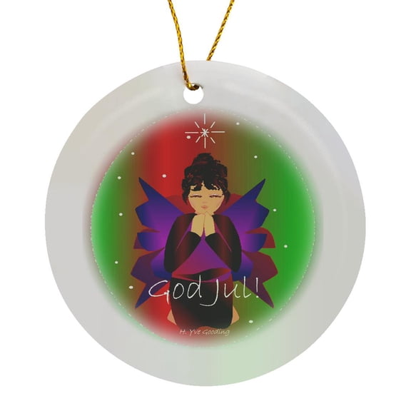 3drose, Christmas Angel Baby Girl Praying with God Jul Christmas Text, Circle Porcelain Ornament