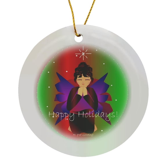 3drose, Christmas Angel Baby Girl Praying with Happy Holidays Angel Text, Circle Porcelain Ornament