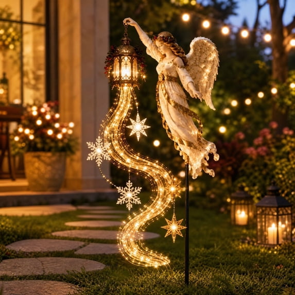 Christmas Angel Garden Stake Light with Lantern, Resin Angel Figurine ...