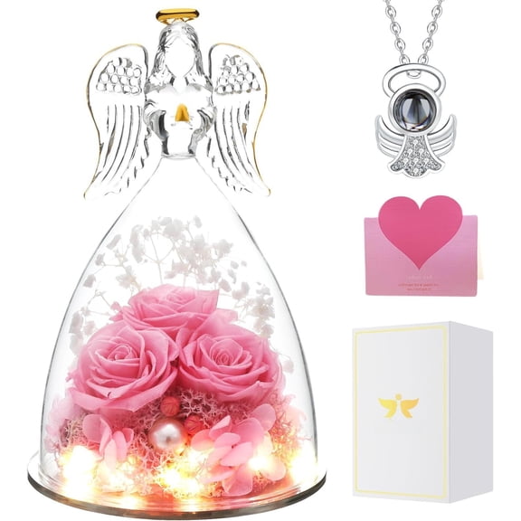 Christmas Angel Gifts for Women for Mom,Preserved Real Rose in Glass Angel Figurines with Angel Necklace,Preserved Flower Birthday Gifts for Women Mom Wife Girlfriend for Thanksgiving Xmas