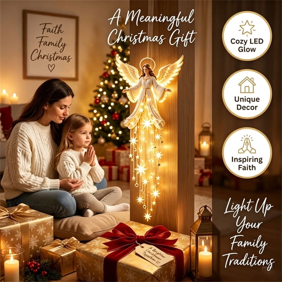 Christmas Angel Hanging Decoration Lighted with Wings and Stars Religious Holiday Door Window Decor
