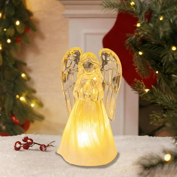 Christmas Angel LED Night Light Acrylic Crystal PVC Cherub Ornament White Soft Glow Compact Tabletop Mantel Bookshelf Bedroom Decor Decorative Festive Accent Rounded Smooth Finish Versatile Display