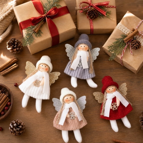 Christmas Angel Ornament Fabric Hanging Cloth Doll Decor Soft Texture Golden Halo Wing Design Pendant for Christmas Tree Mantel Window Home Holiday Party Decoration