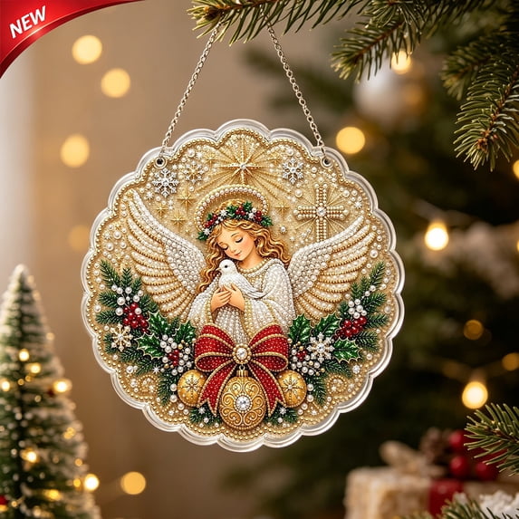 Christmas Angel Pearl Diamond Art Suncatcher Kit for Adults, Nativity Scene 8 Inch Acrylic Window Hanging Ornament, DIY Xmas Holiday Craft Kit for Home Wall Door Festive Party Decor