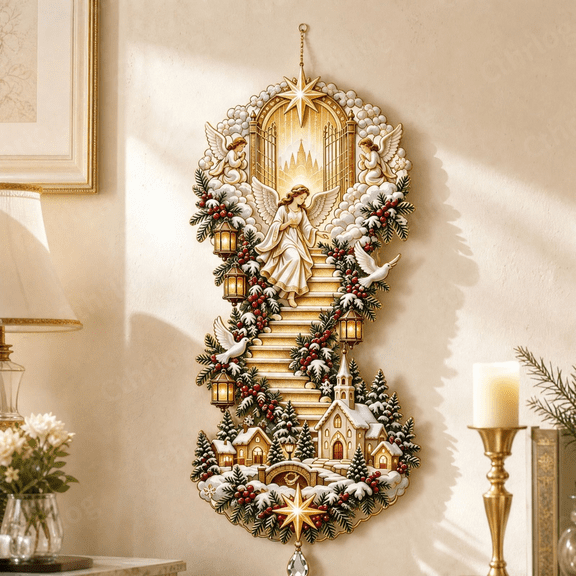 Christmas Angel Stairway To Heaven Hanging Ornament, NativityThemed Christmas Wall Plaque, for Rental Home Porch Foyer & Christmas Christian Holiday Home Styling