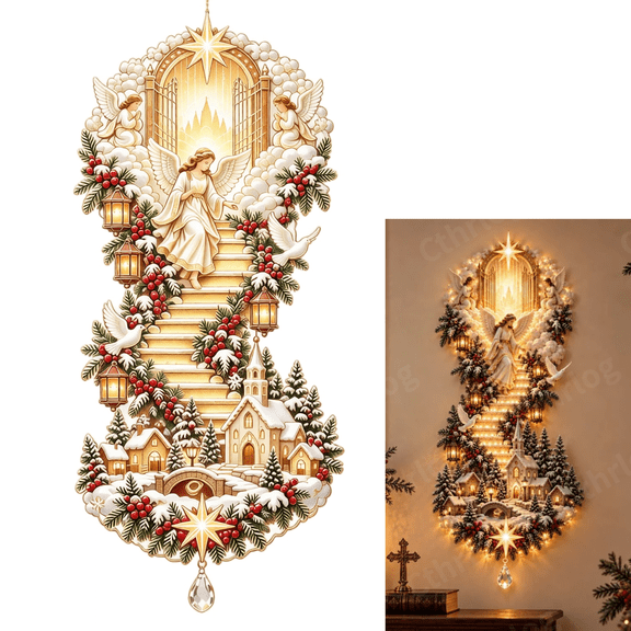Christmas Angel Stairway To Heaven Hanging Ornament, Religious Wall Plaque, for Farmhouse Mantel Chapel & Christmas Eve Family Gathering Decor