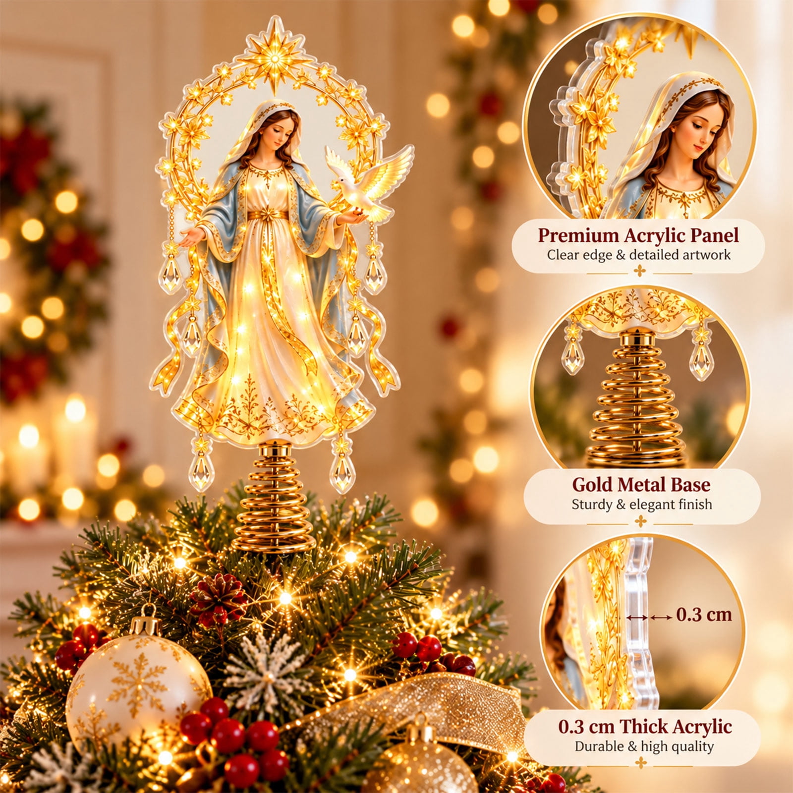 Christmas Angel Tree Topper, 5.91 in Acrylic Tree Top Decoration with ...