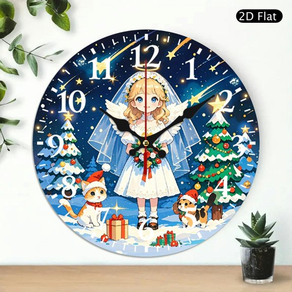 Christmas Angel Wall Clock with Cute Cat and Dog Design, Round Decorative Timepiece for Holiday Home Decor, 10x10 Inch, 1pc, Battery Not Included