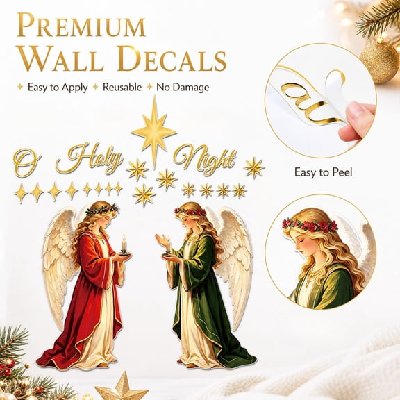 Christmas Angel Wall Decals with Gold Star and Letter Designs, Reusable Vinyl, for Living Room and Bedroom Decoration
