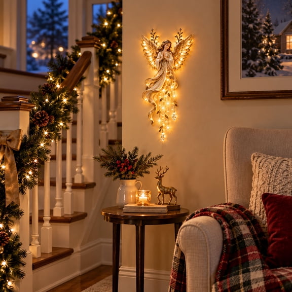 Christmas Angel Wall Decoration Light,Resin Praying Figure with Warm Glow & Cascading Ornaments, 1Pcs