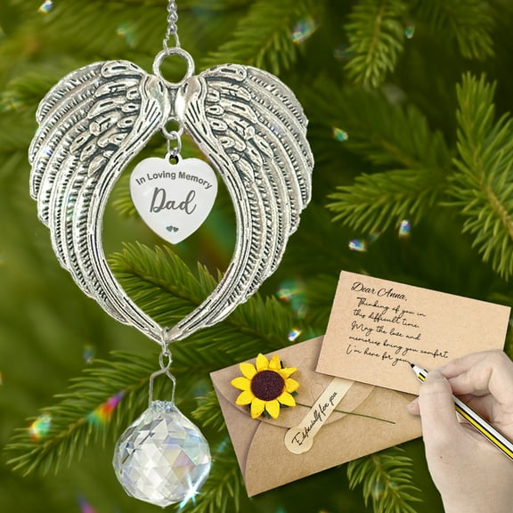 Christmas Angel Wings Ornament, In Loving Memory Dad, 20cm Iron Wings with Crystal, Sympathy Gift with Sunflower Card & Gift Box