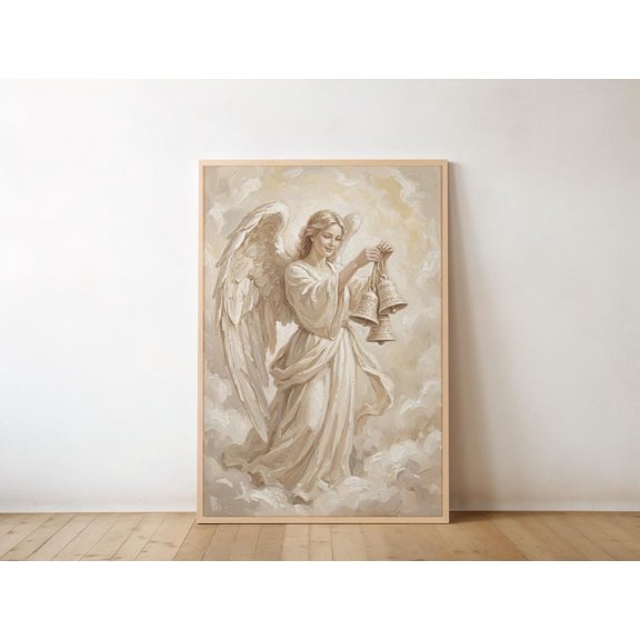 Christmas Angel With Bells Art. Heavenly Host Print. Simple Religious Gift. Beige And Cream .
