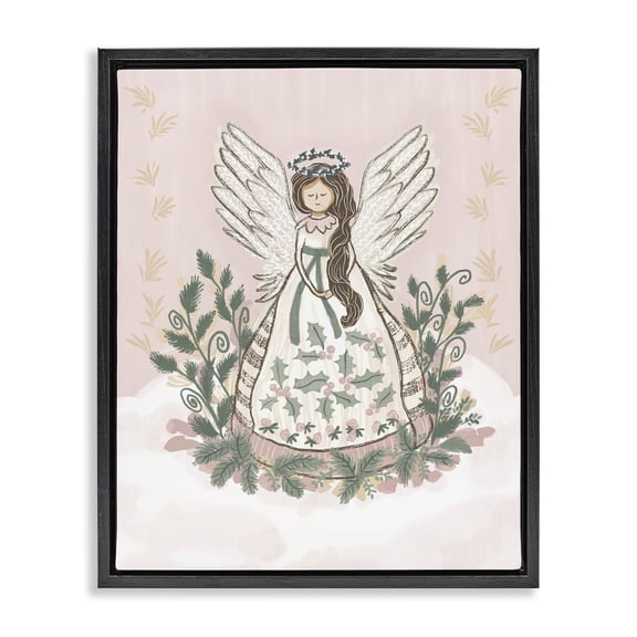 Stupell Industries Christmas Angel with Botanicals Black Framed Floater Canvas Wall Art, design by Connie Summers, 21 x 17