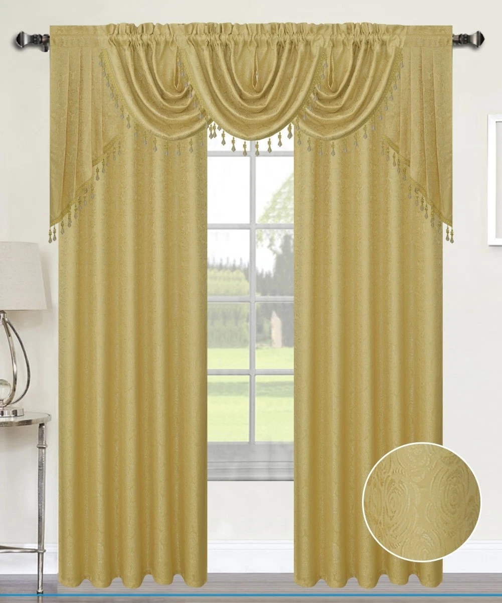 Angelina 7 Piece Damask Curtain Set with Beaded Austrian Valances and Swag, 84" Long, Gold