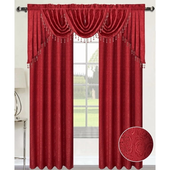 Christmas Angelina 7 Piece Damask Curtain Set with Beaded Austrian Valances and Swag, 84" Long, Red
