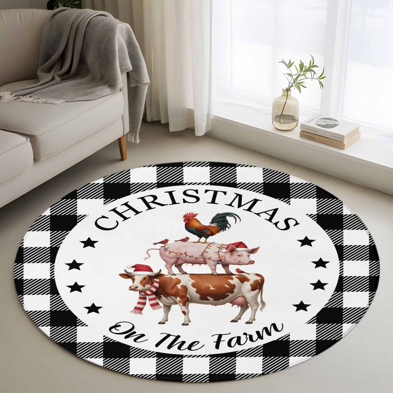 Christmas Animal 3' Round Rug for Bathroom Accent Bedside Corner, Farm ...