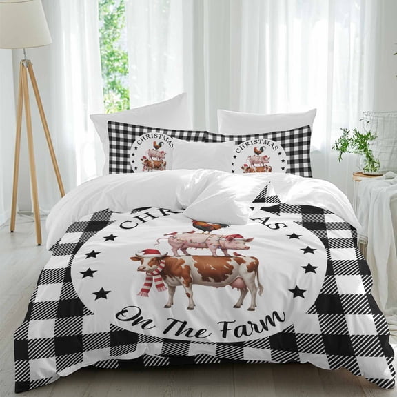 Christmas Animal 4 Piece Duvet Cover Set Queen Size Farm Cow Pig Chicken Black White Plaid Soft Bedding Set Comforter Cover, 1 Duvet Cover 1 Flat Sheets and 2 Pillowcases