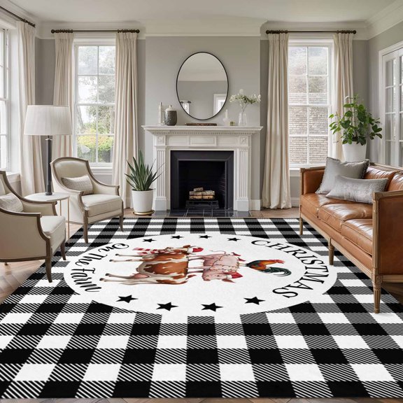Christmas Animal 5'x7' Rug for Living Room Sofa and Coffee Table Layout, Farm Cow Pig Chicken Black White Plaid Non Slip Rectangle Area Rug, Machine Washable Indoor Outdoor Mat