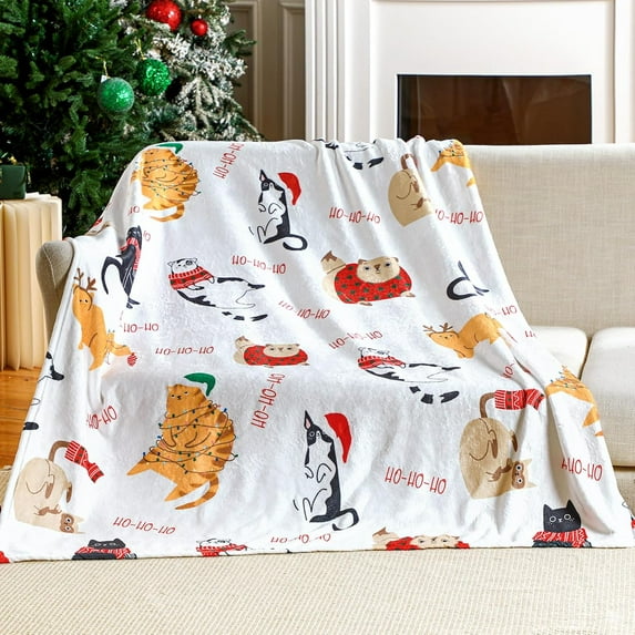 Christmas Animal Blanket Cute Cats Soft Blanket Colorful Cartoon Throw Blanket for Cats Lovers Sofa Bed, 50" x 60"