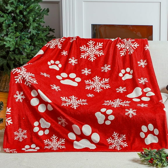 Christmas Animal Blanket Cute Dog Paws Flannel Blanket Red Snowflake Soft Blanket for Dog Lovers Bedding, 50" x 60"