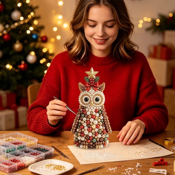 Christmas Animal Craft Kit, Beaded Tree Cone Figure Set, DIY Handmade Art Project, Festive Tabletop Display for Home, 12 Pcs