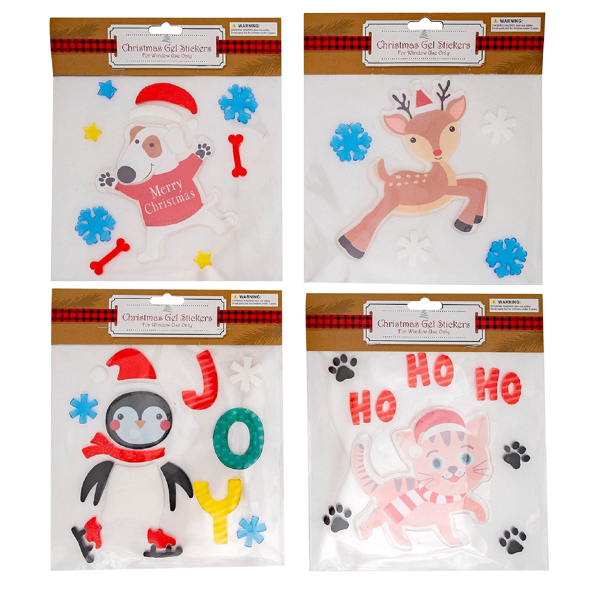 Christmas Animal Gel Window Clings (Set of 4) Furry Friends Xmas Gel