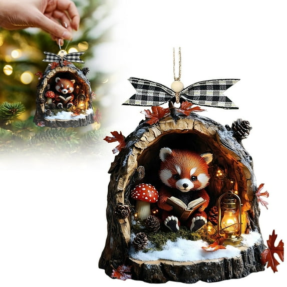 Christmas Animal Hanging Ornament, Acrylic Reading Book Raccoon Christmas Ornaments 2025, Cute Raccoon in Snowy Tree Stump Ornament, Forest Animals Hanging Decoration Gift for Animal Lovers