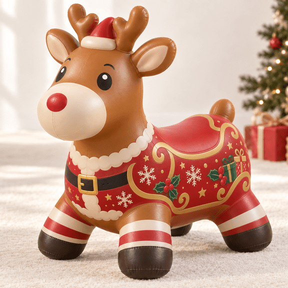 Christmas Animal Hopper Christmas Reindeer, Inflatable Bouncy Ride-On Novelty Toy with Red Nose Santa Hat and Festive Outfit, Christmas Pretend Play Toy for Kids Holiday Gift