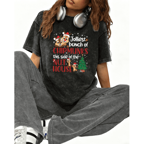 Christmas Animal Jolliest Chipmunks Graphic Washed Tee T-Shir Print Top Short Sleeve Black S-2XL Plus Size